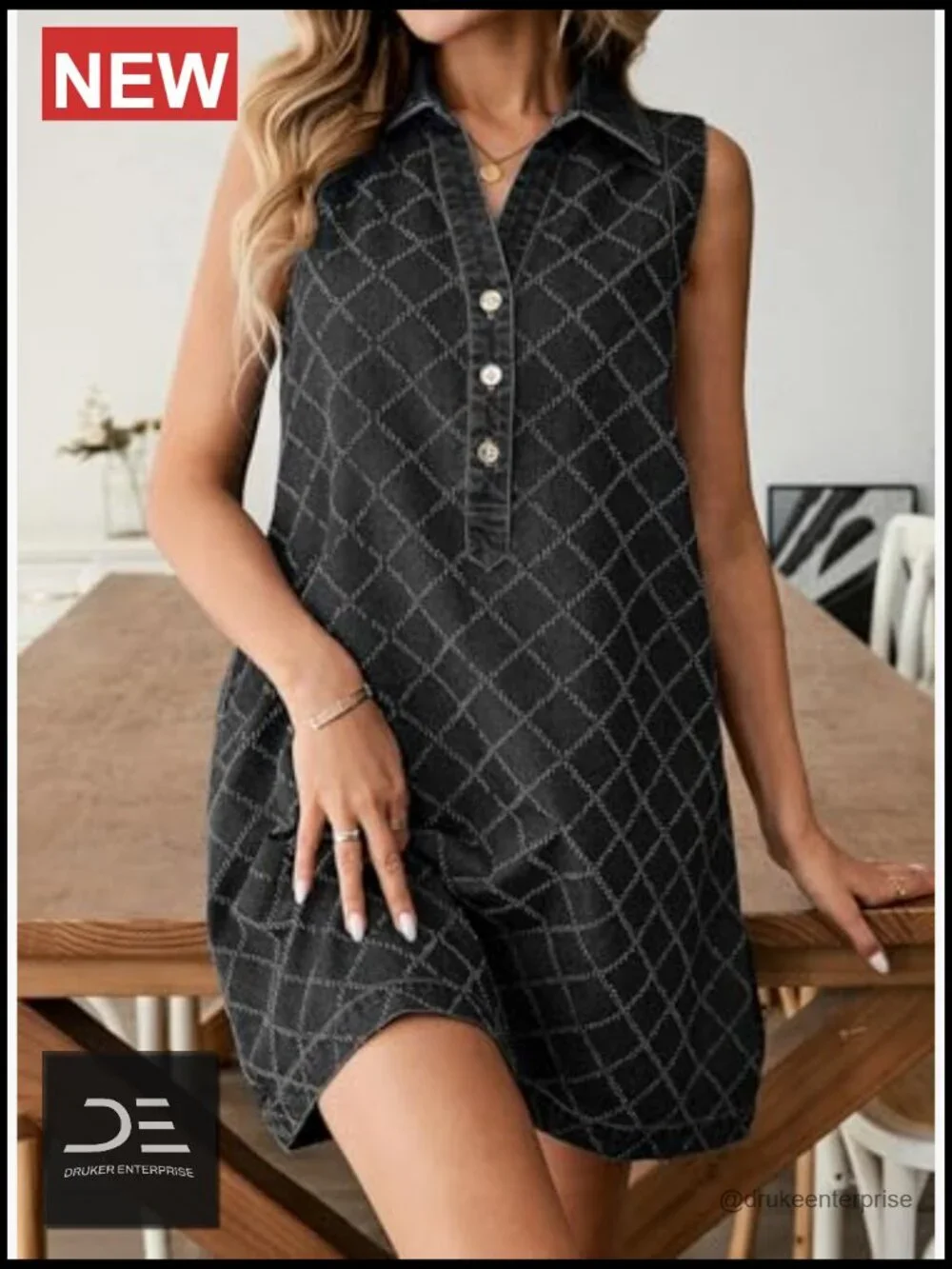 Sleeveless V Neck Button Mini Denim Dress with Pockets